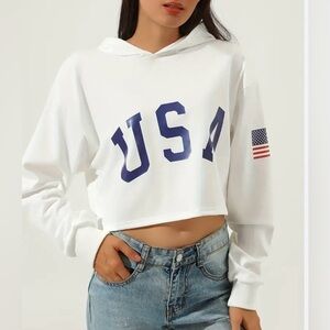 Women’s 🇺🇸 White Cropped USA America Hoodie Size M